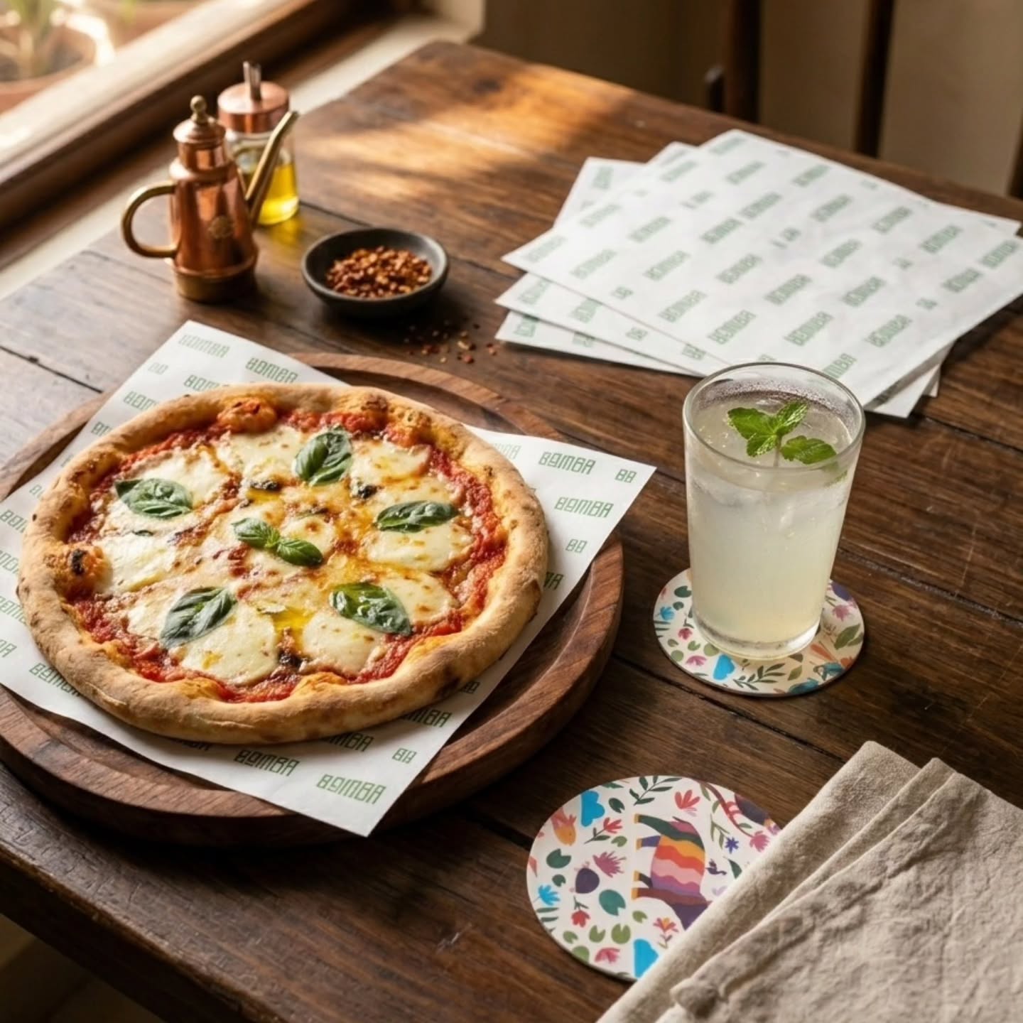 Bombaa food presentation with printed butter paper and illustrated coasters