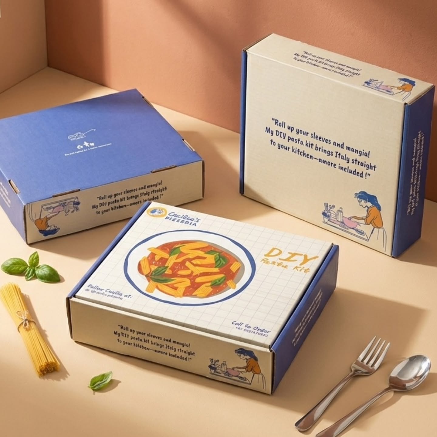 Blue and cream illustrated pasta-kit boxes produced for Cecilia Pizzeria
