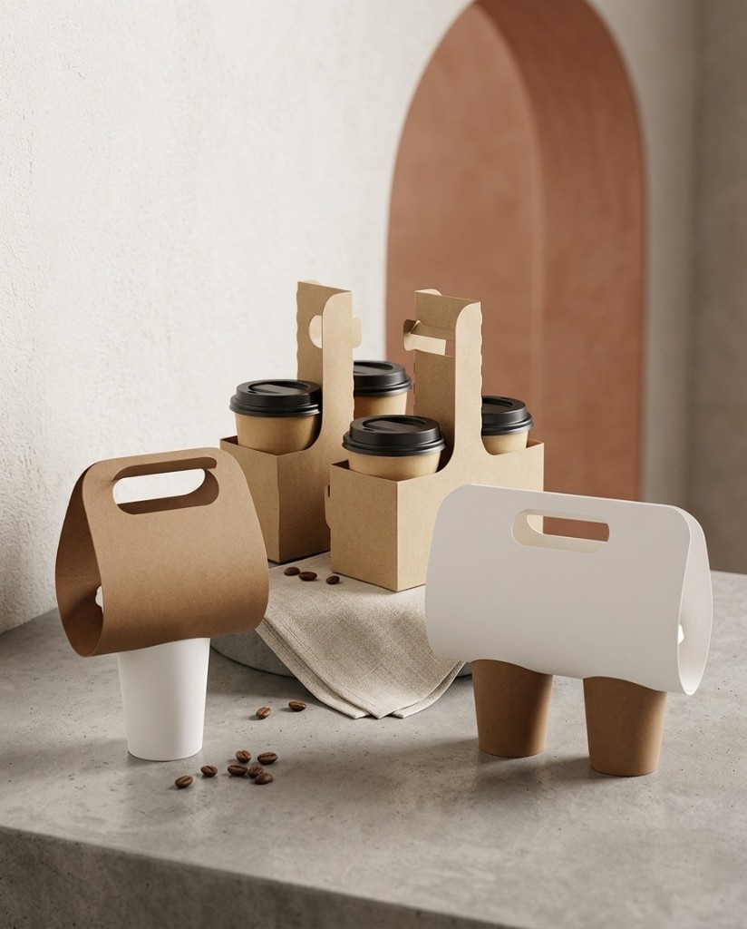 Sustainable cardboard coffee cup carriers arranged on a stone surface