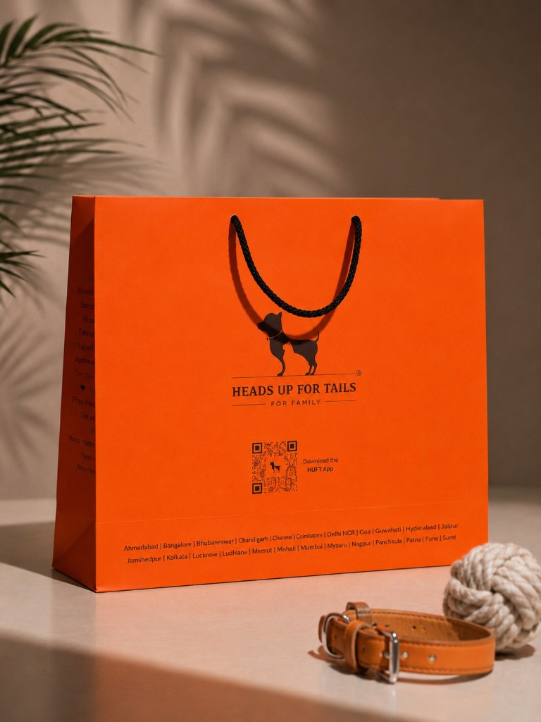 Orange Heads Up For Tails branded retail shopping bag with black rope handles
