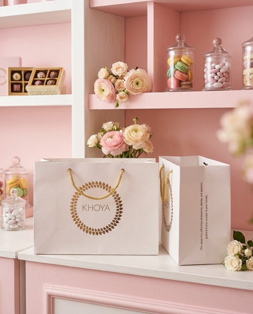 White Khoya gift bags with gold rope handles in a pastel boutique setting