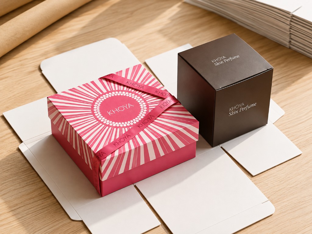 Pink sunburst and brown Khoya Skin Perfume presentation boxes on a production worktable