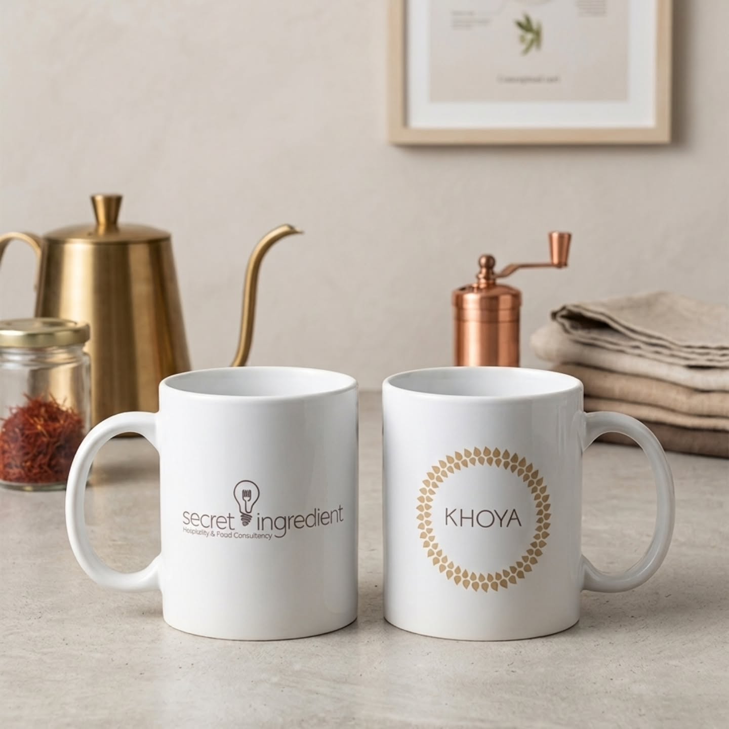 Custom-printed ceramic mugs for Secret Ingredient and Khoya