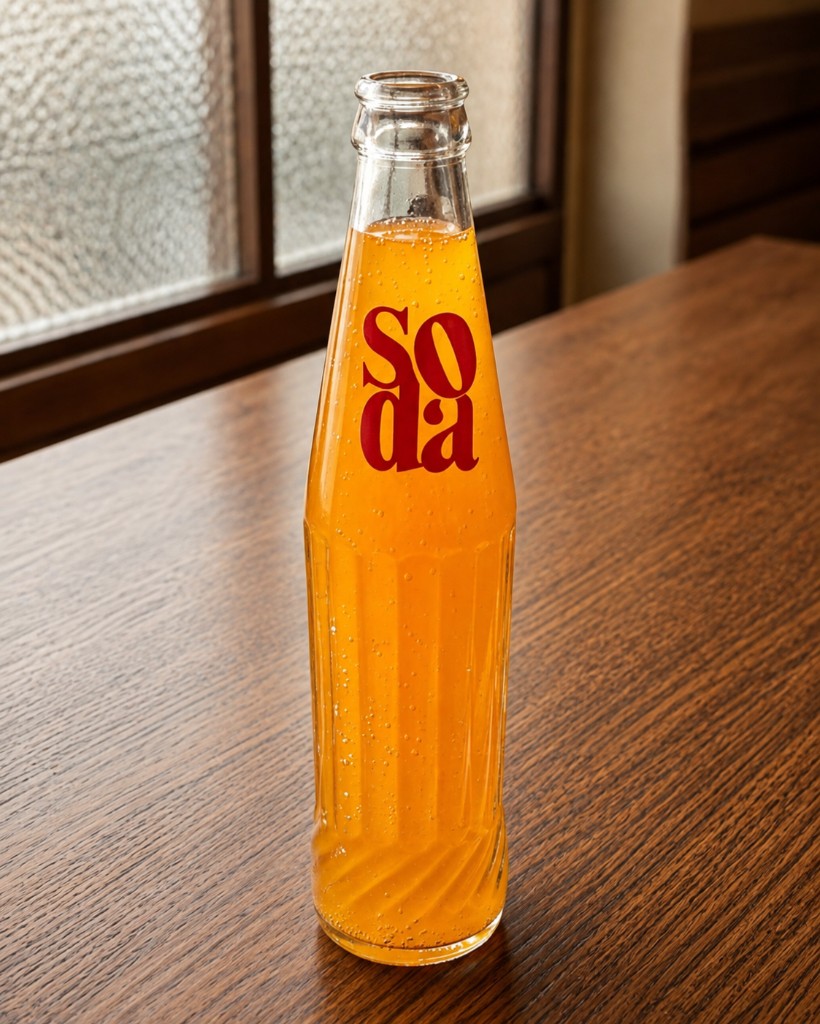 Glass Soda Shop bottle filled with orange soda on a wooden table